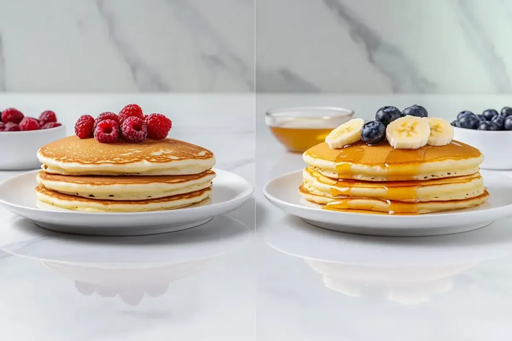 Banana and regular pancakes served on plates