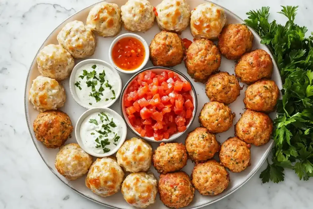 Party platter with Rotel cream cheese sausage balls and dipping sauces.