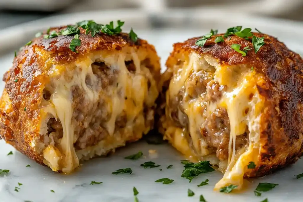 A cut-open sausage ball showcasing a moist and cheesy interior.