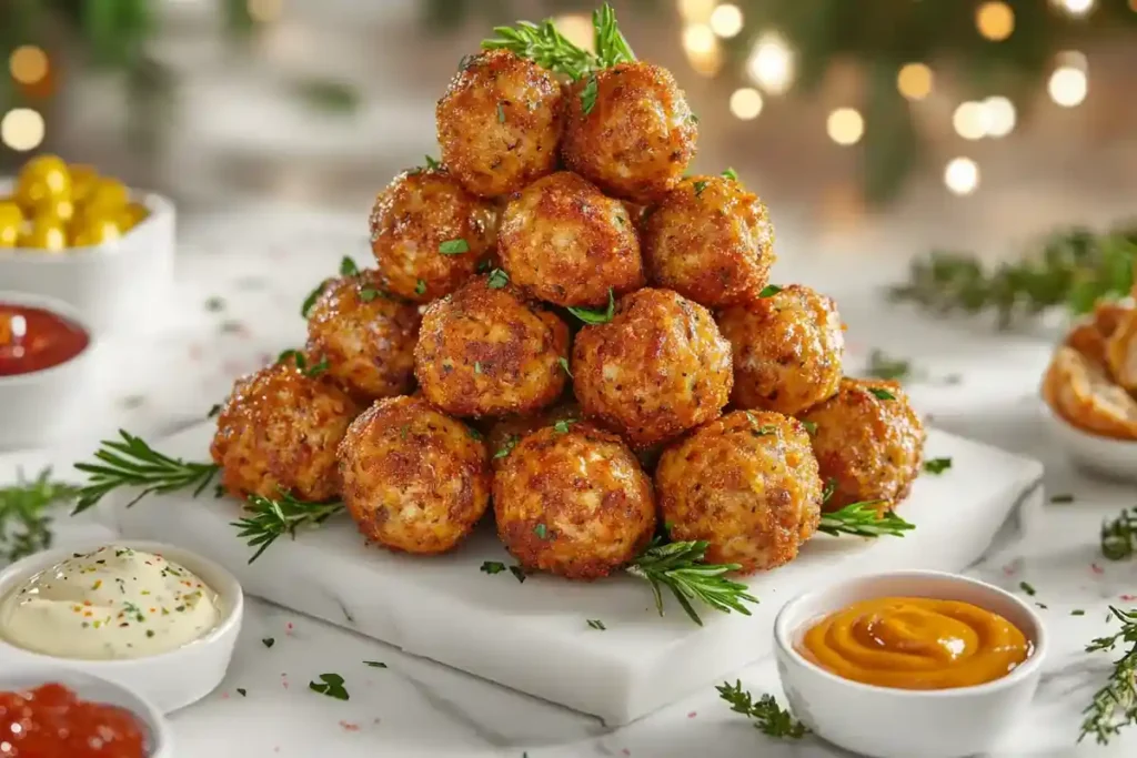 Party platter with sausage balls and dipping sauces on marble.