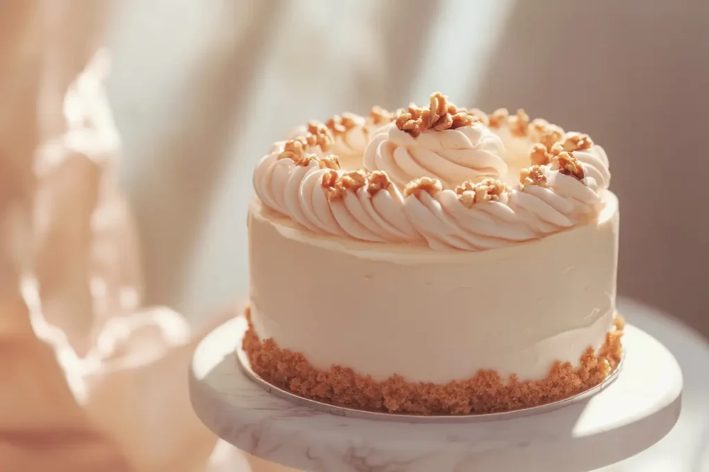 A whole frosted carrot cake with decorative topping