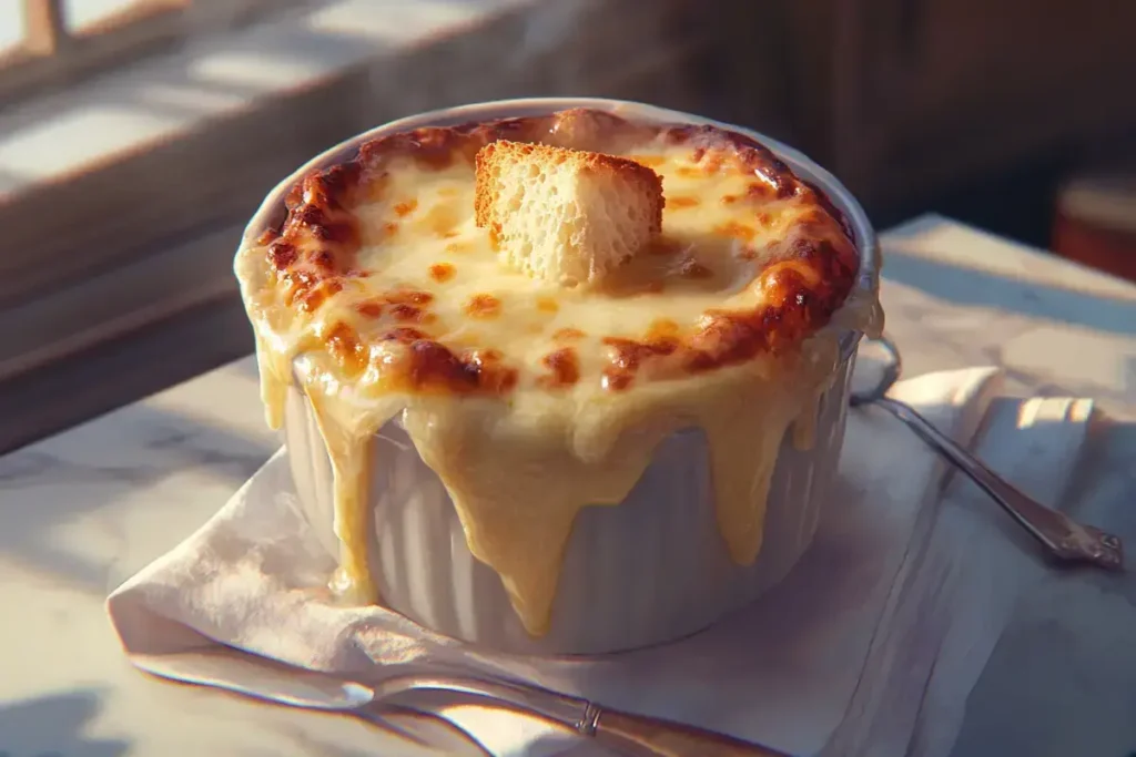 French onion soup in a ramekin with golden cheese topping