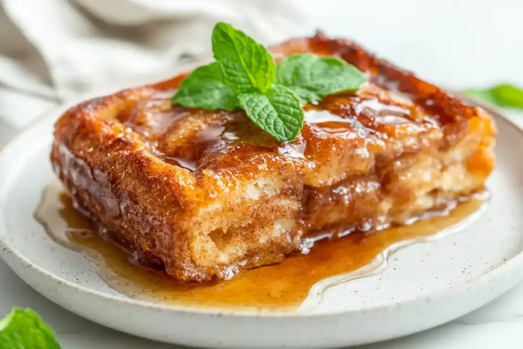 Plated slice of cinnamon roll French toast with syrup.