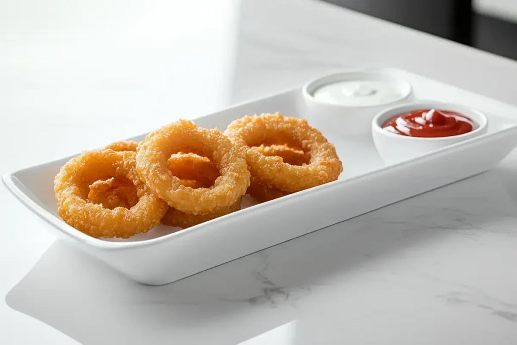 Bowl of onion rings with dipping sauces on a marble table.