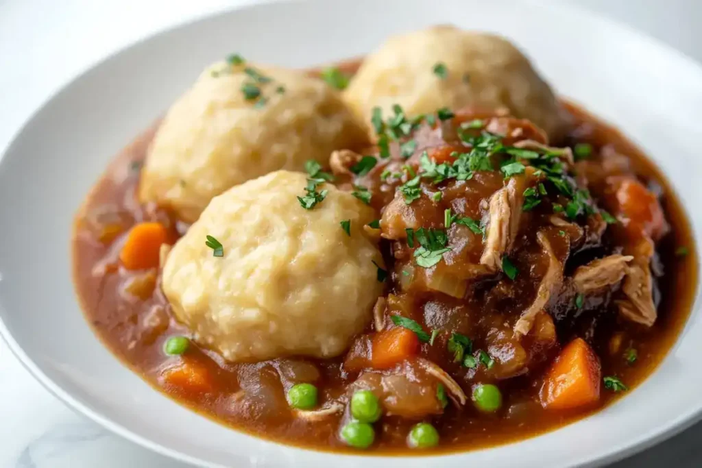 Plated Bisquick dumplings with chicken stew on marble