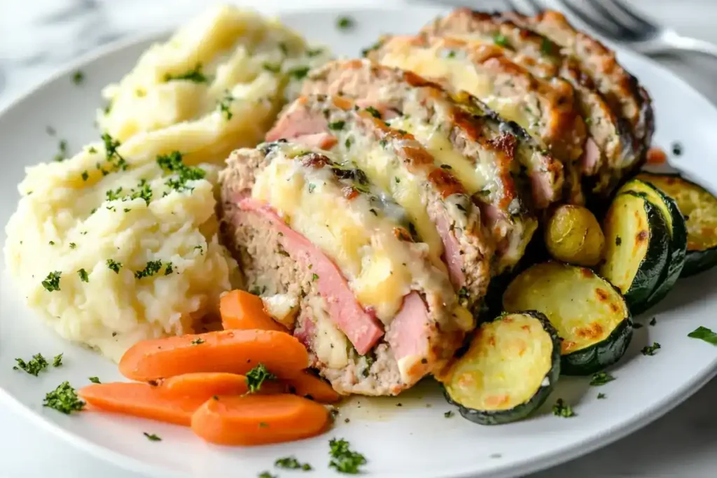 Plated chicken cordon bleu meatloaf slices with side dishes