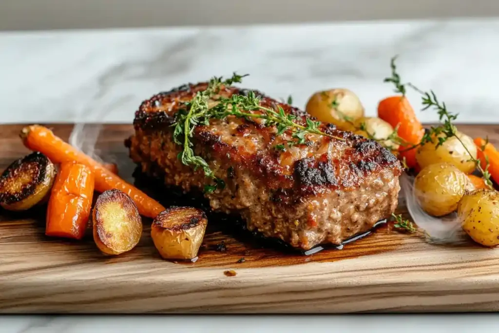 Cooked meatloaf with roasted vegetables on marble counter