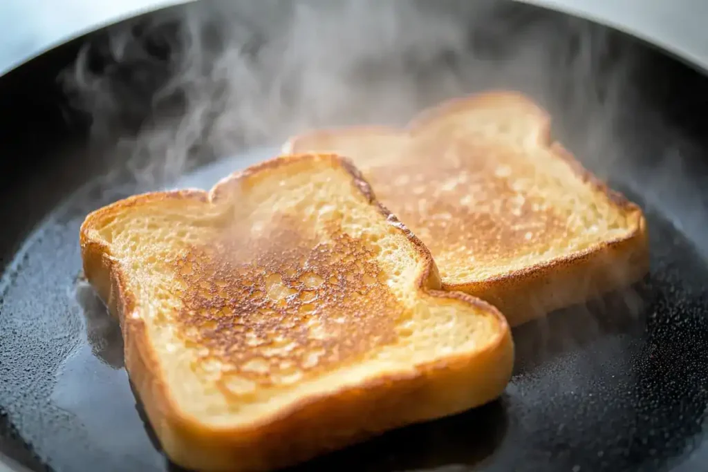 French toast cooking in skillet on marble surface