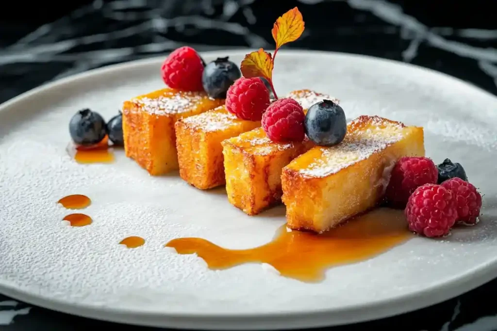 Golden baked French toast with powdered sugar and berries