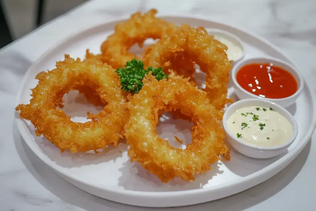 Crispy air-fried onion rings on a plate with parsley garnish