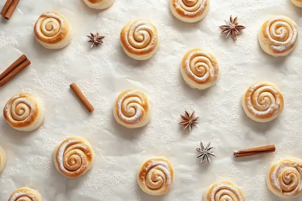 Freshly baked cinnamon buns and rolls on parchment paper