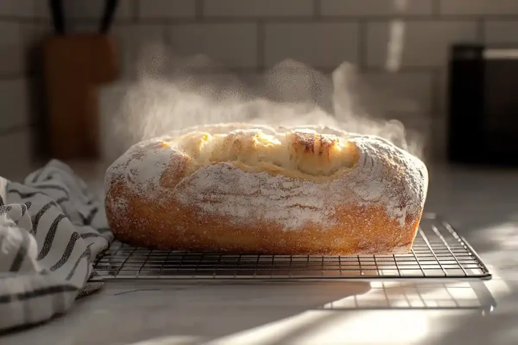 Cooling artisan Italian bread loaf on a wire rack