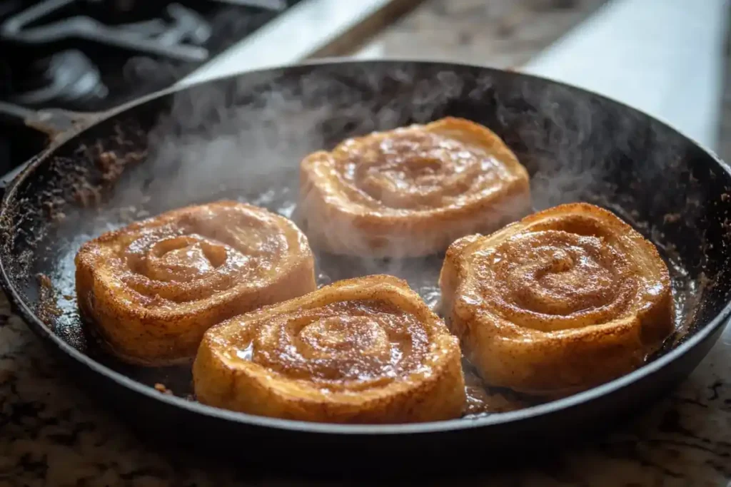 Cinnamon roll French toast cooking on a skillet with golden crust