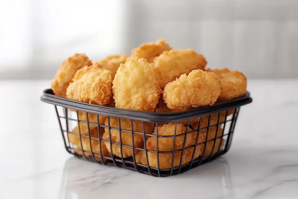 Variety of air-fried frozen foods on a marble platter