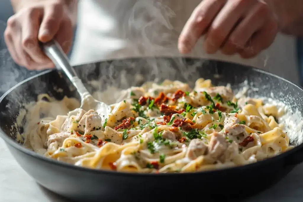 Step-by-step cooking process for marry me chicken pasta.