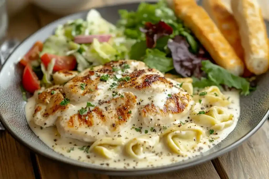 "Chicken tortellini Alfredo served with garlic bread and salad."