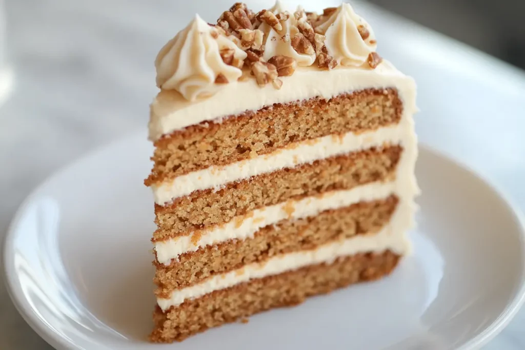 Slice of carrot cake with cream cheese frosting and decorative walnuts