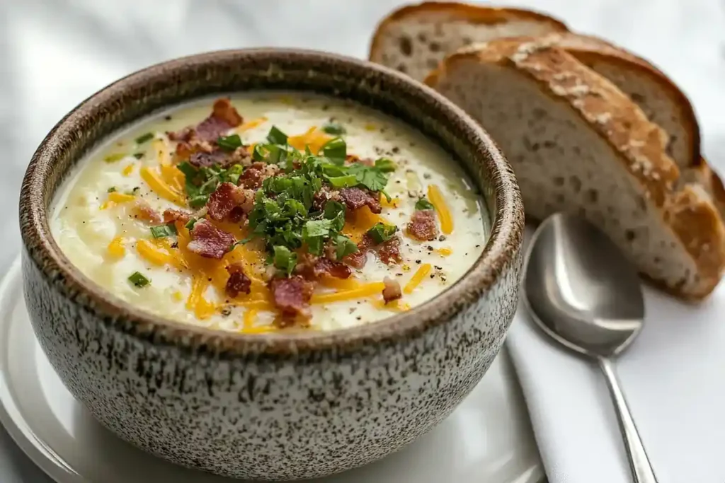 "Plated loaded potato soup with bread on a marble table."