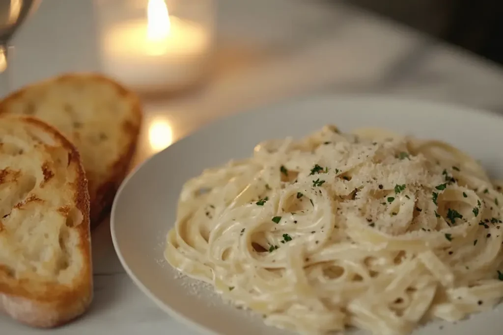 Plated fettuccine Alfredo with garlic bread on a marble table