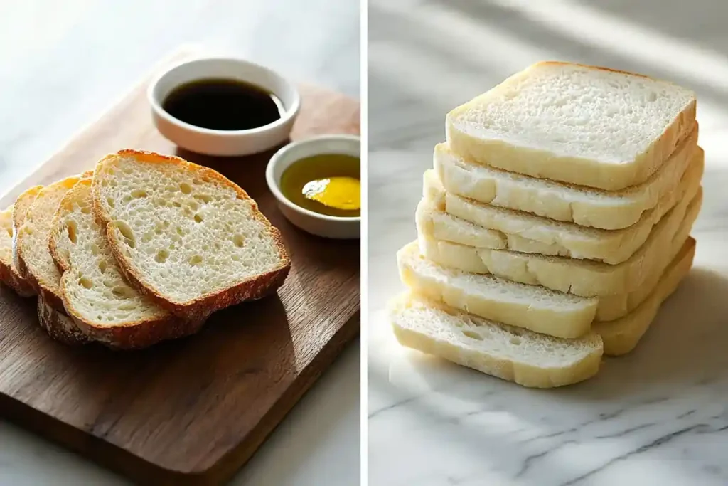 Slices of artisan Italian bread with olive oil next to white sandwich bread on a marble table