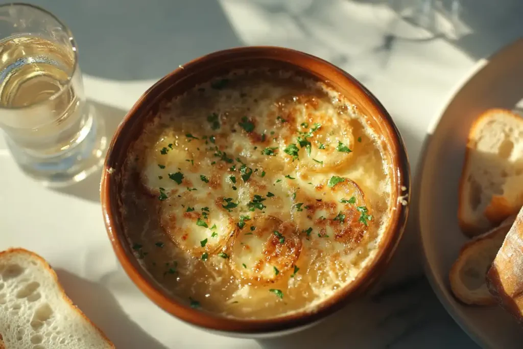 A perfectly served bowl of French onion soup with a side of baguette