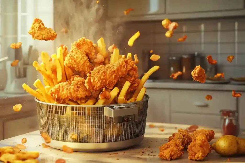 Overcrowded air fryer with soggy, unevenly cooked food