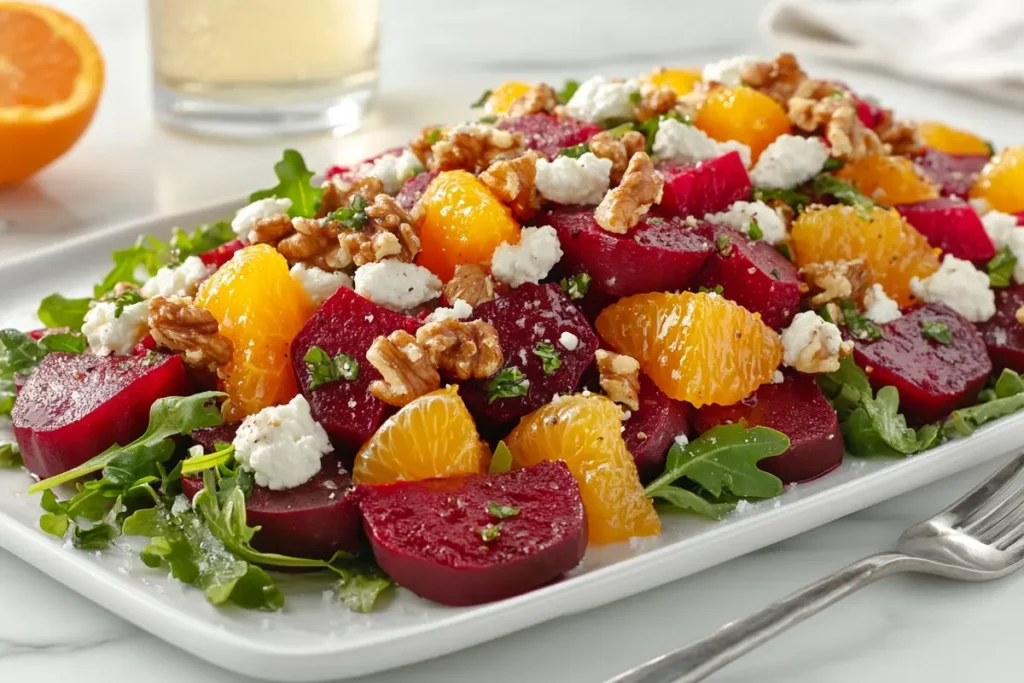 Plated salad with roasted beets and greens