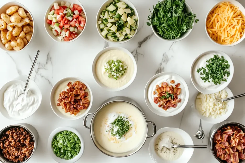 Potato soup bar with various toppings like cheese, herbs, and croutons