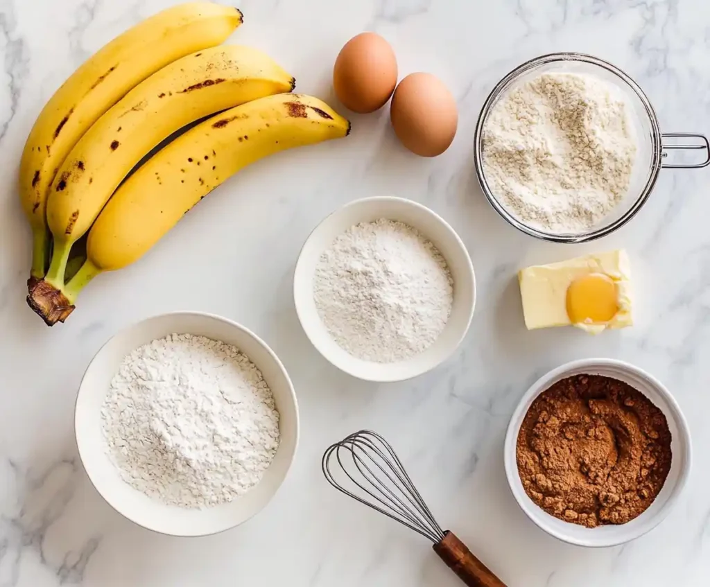 Ingredients for Banana Foster Pancakes on white marble.