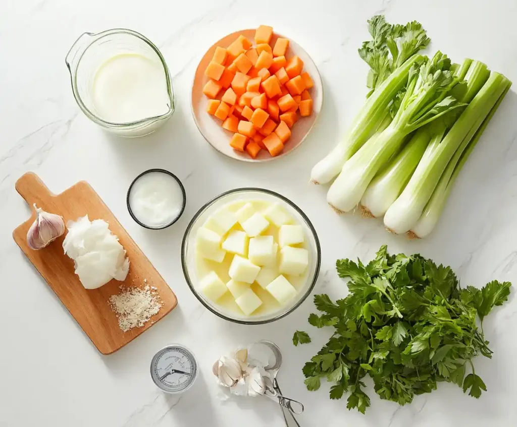 Fresh ingredients, including potatoes, carrots, celery, garlic, and cream, arranged on a marble surface.