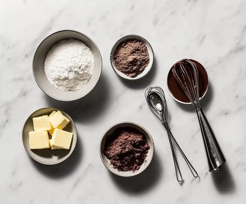 Ingredients for Black Label Chocolate Sauce on white marble.