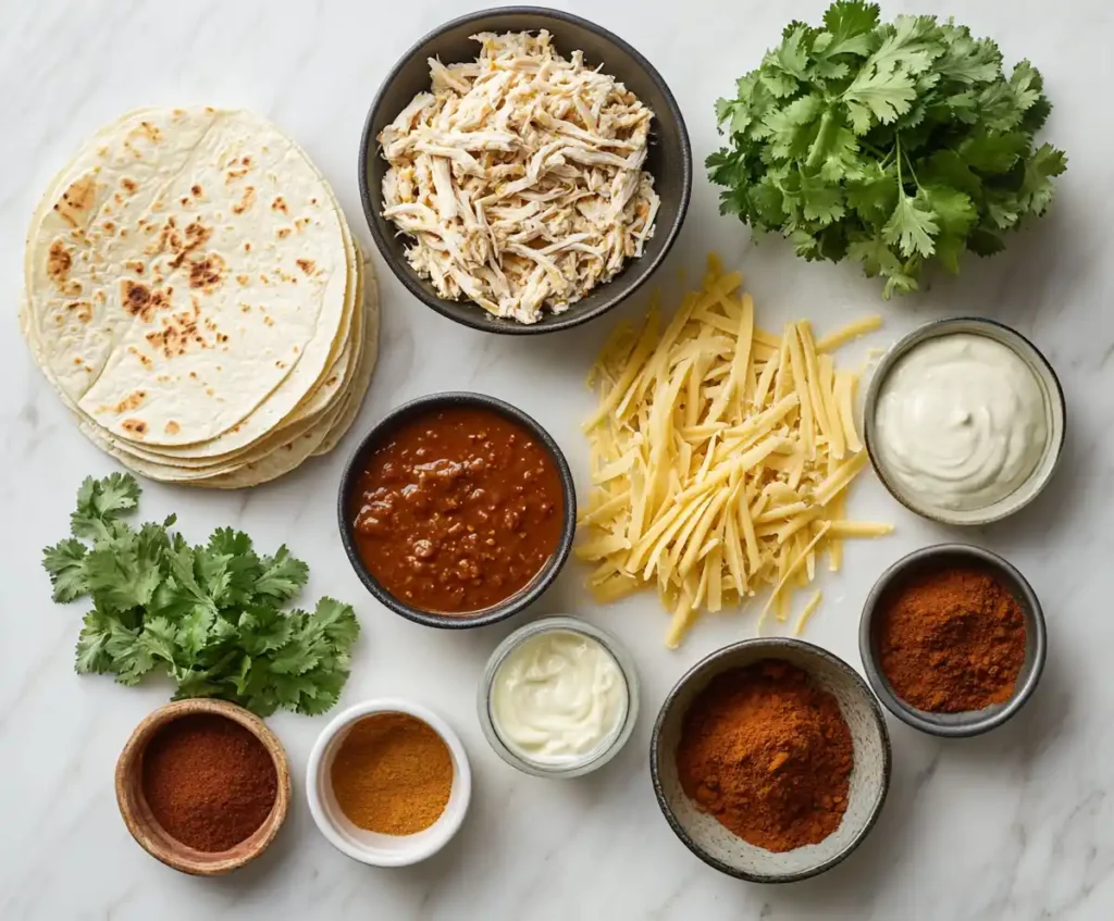 Tortillas, shredded chicken, cheese, and spices neatly arranged on a marble surface.