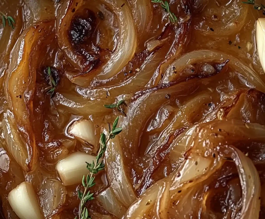 Caramelized onions in a skillet with butter and thyme.
