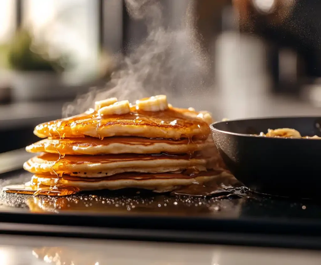 Served Banana Foster Pancakes with caramelized topping on marble plate.