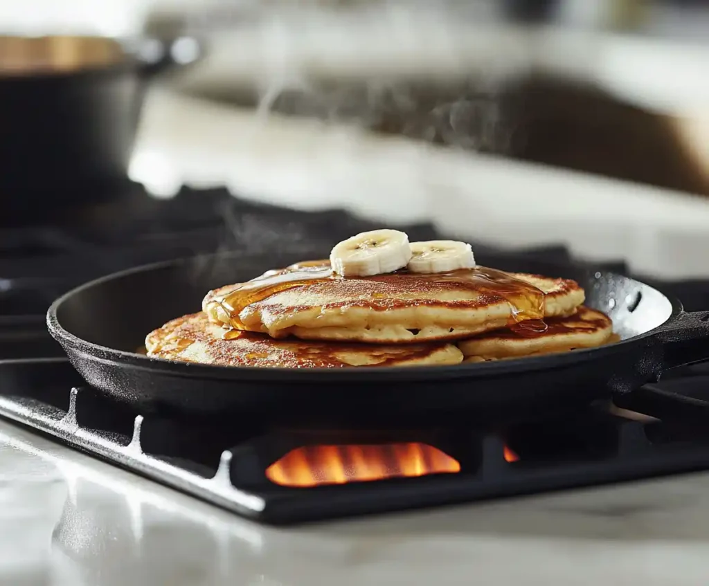 Pancakes on a griddle with caramelized banana topping in a skillet.