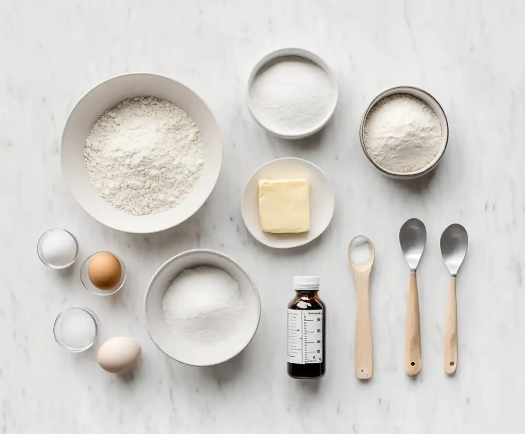 Ingredients for Crumbi Cookie Recipe - flour, sugar, butter, eggs, and vanilla on a marble countertop.