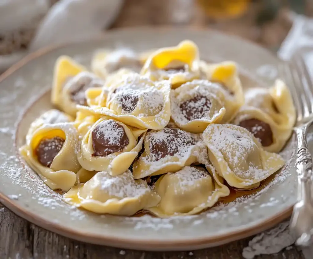 Dessert tortellini with mascarpone and chocolate filling.