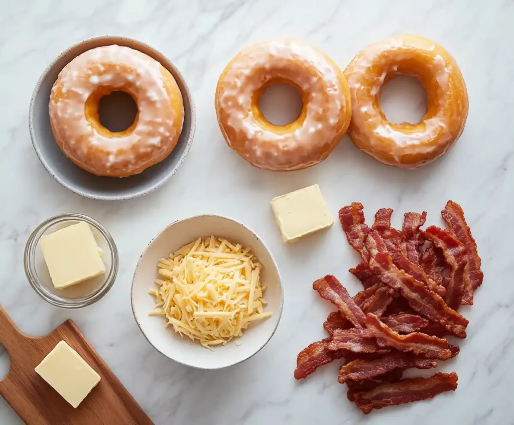 Ingredients for donut grilled cheese with bacon laid out neatly on a marble countertop.