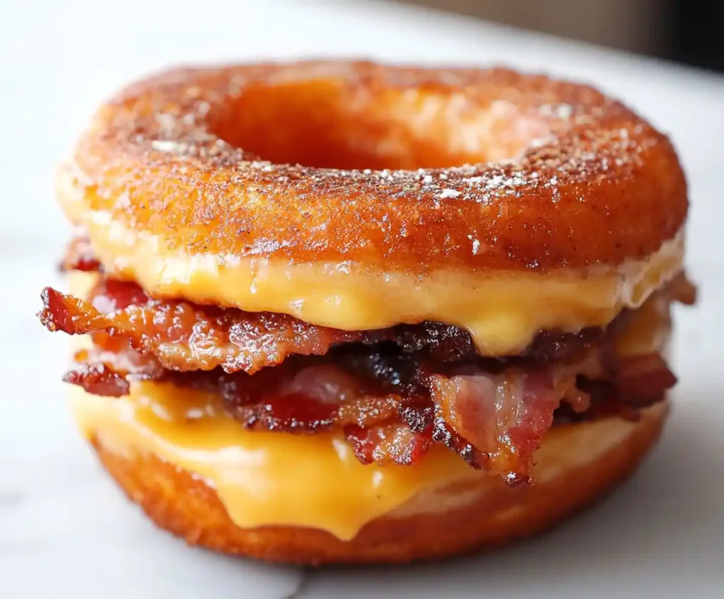 Donut grilled cheese with bacon on white marble, with golden toasted bread and melting cheese.