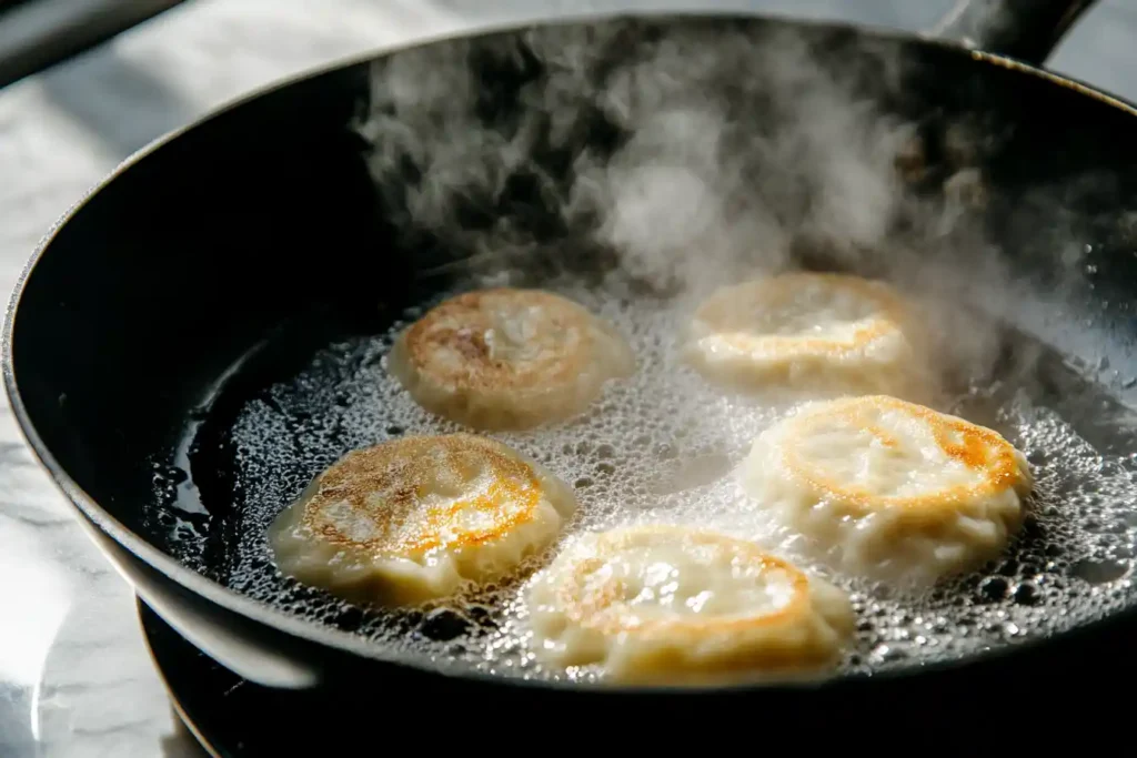 Dumplings sizzling in a black skillet with steam rising and golden-brown crust forming.
