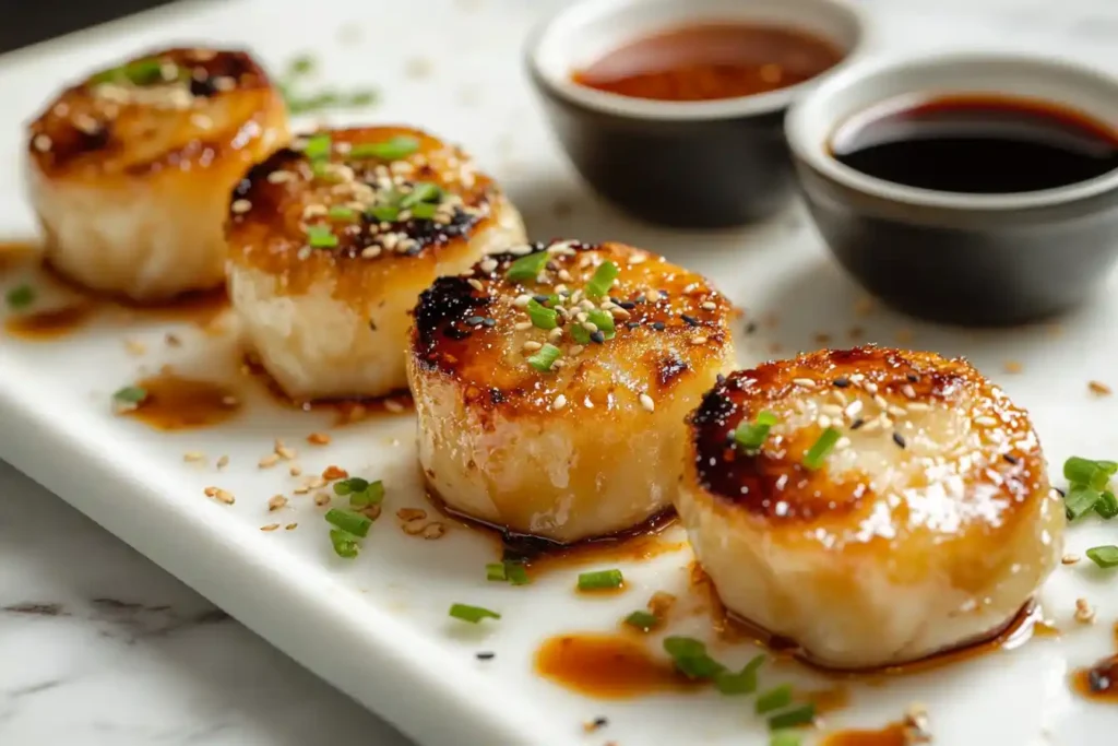 Golden-bottom dumplings served on a marble plate with soy dipping sauce, garnished with sesame seeds and scallions.