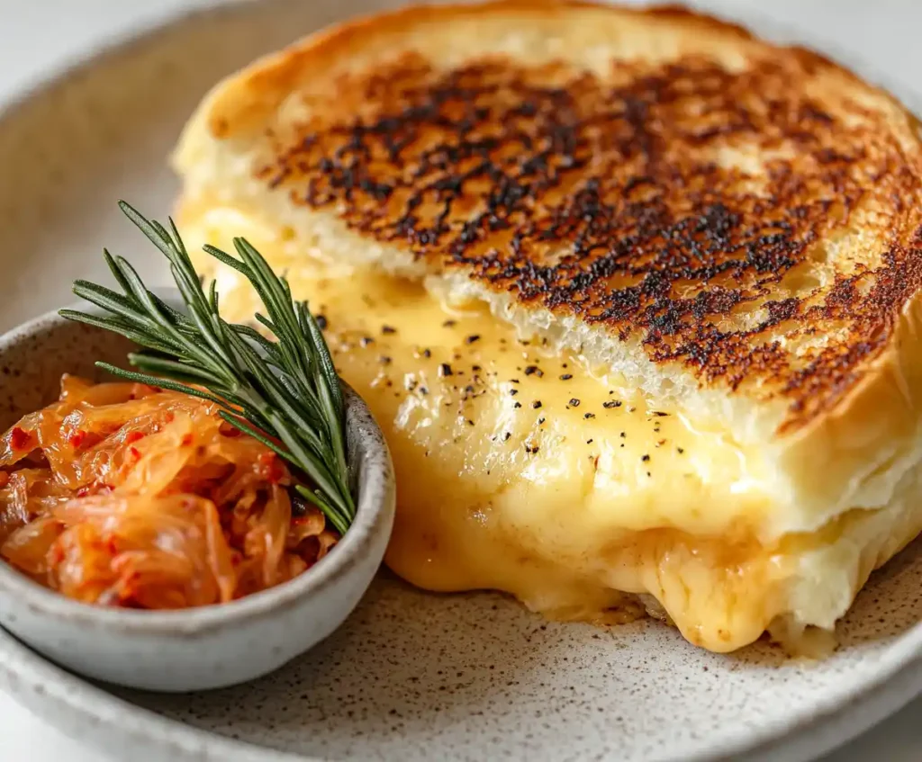 Gordon Ramsay-inspired grilled cheese on white marble with rosemary.