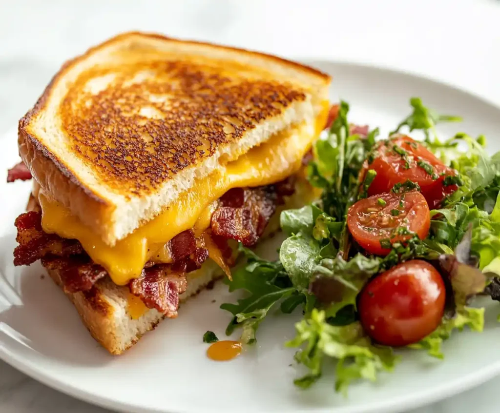 Grilled cheese with bacon served with salad