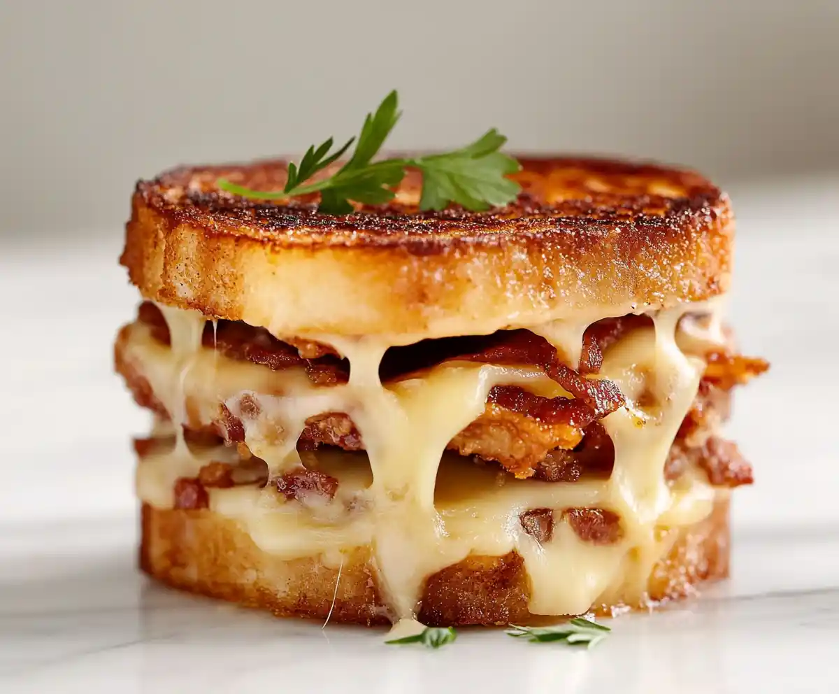 Grilled cheese with bacon on a white marble counter