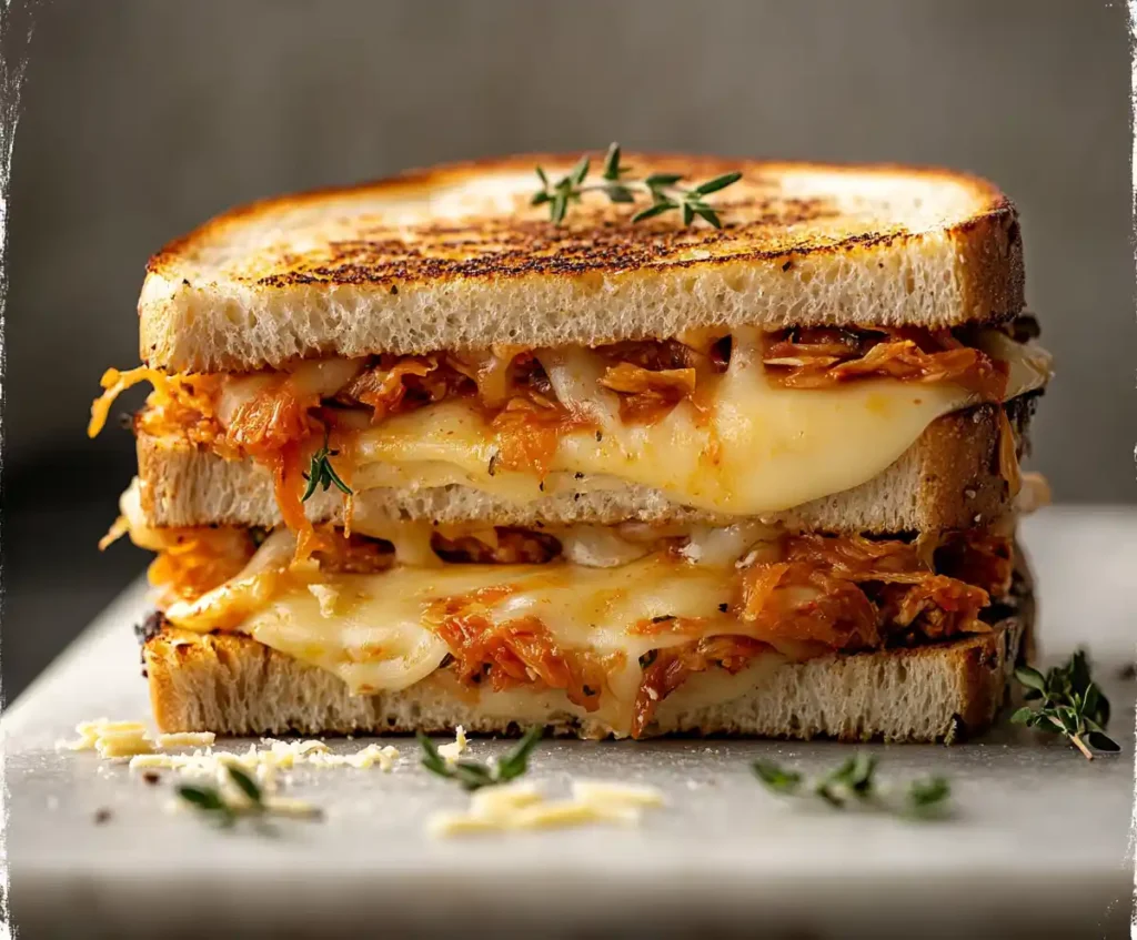 Assembled grilled cheese sandwich with cheddar, manchego, and kimchi.