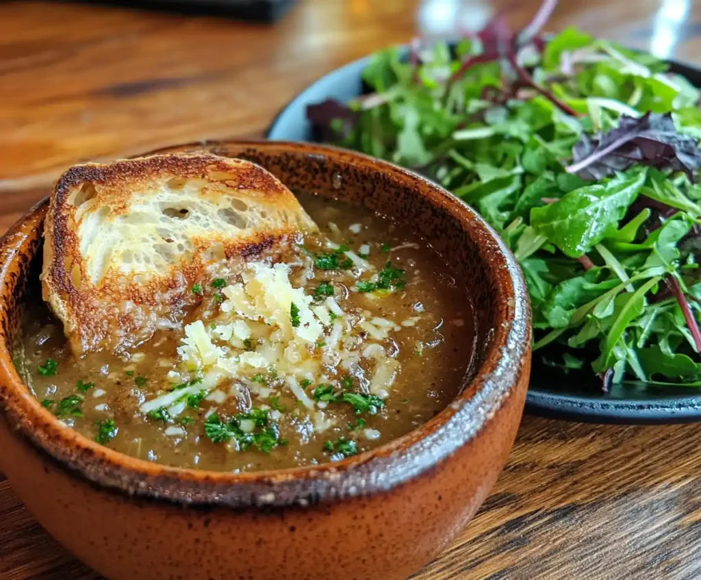 Healthy French onion soup with whole-grain bread and salad.