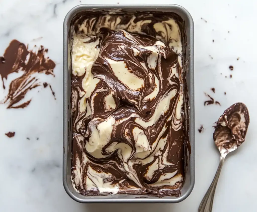 Swirling the batter to create marbled banana bread.