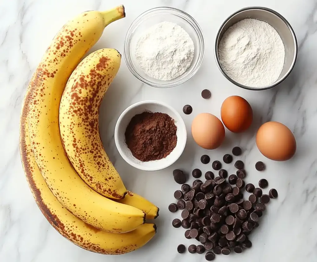 Ingredients for marbled banana bread laid out on a white marble countertop.