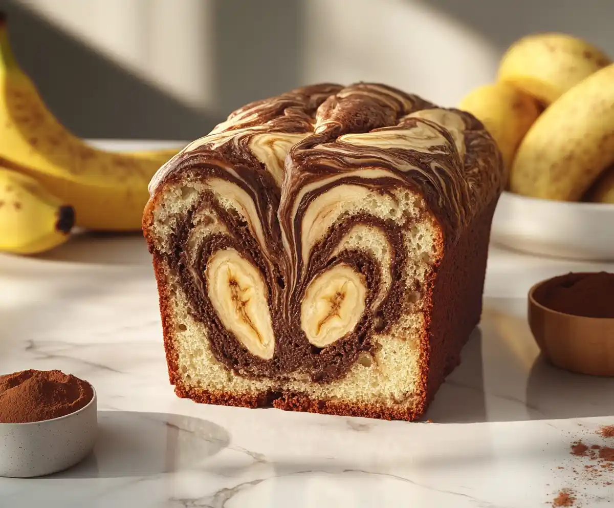 Freshly baked marbled banana bread with chocolate swirl on white marble.