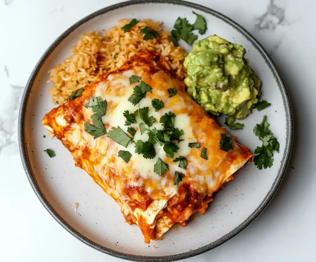 A serving of Boulders Enchiladas with rice and guacamole on a marble table.